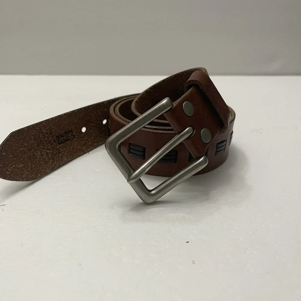 Levi's Men's Belt Brown Leather Large 38-40 Triple‎ Woven Rugged Metal Buckle